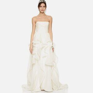 Reem Acra White Lilac Strapless Silk Ruffle Skirt Wedding Dress 10 (US 6)
